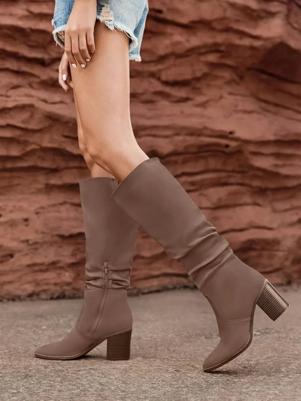Women's Dark Brown Pointed Toe Mid Chunky Heel Side Zipper Over The Knee Boots